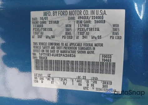 2002 Ford Ranger Edge/Tremor/Xl/Xlt z USA, uszkodzony, nr VIN 1FTYR14U82PA26836